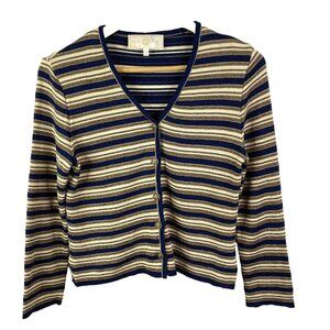 St John Sport Cardigan Sweater Womens Size Small Navy Blue Gold Striped Holiday